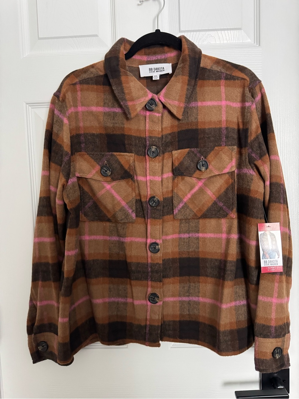 BB Dakota Brown Plaid Utility Shacket with Pink Stripes